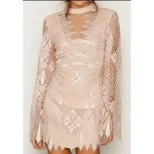 Free People Womens Size 2 Blush Bell Sleeve Deco Lace Dress Mock Neck Romantic